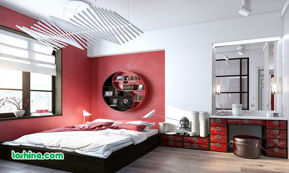 دیوار های قرمز و سفید اتاق خواب